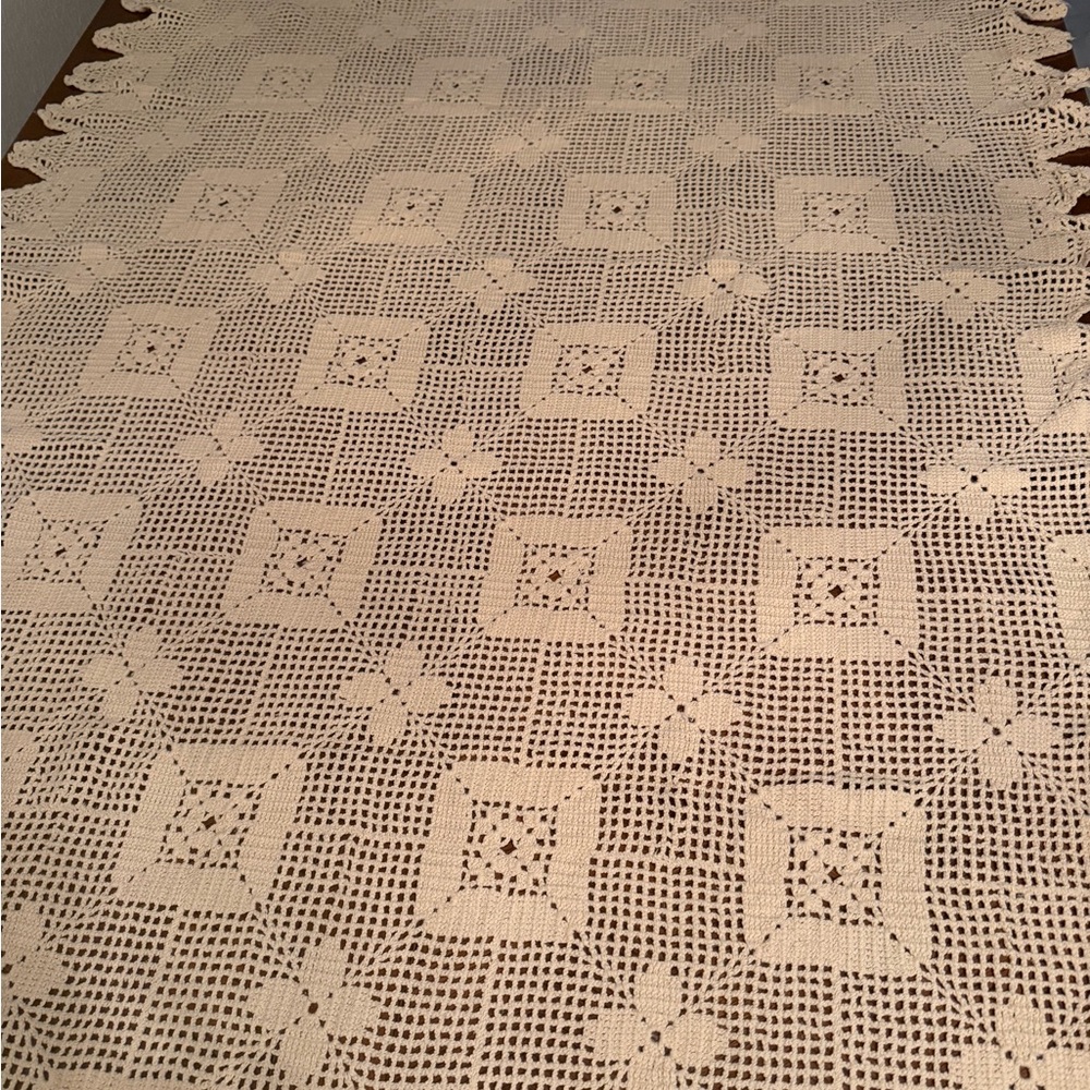 Vintage Handmade Filet Crochet Tablecloth/Bedspread, 39”x75.5”